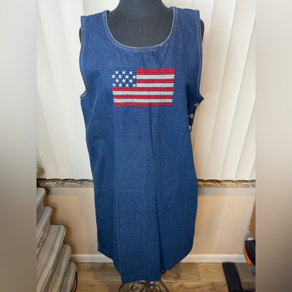 Eric Charles Vintage Blue Denim American Flag Embroidered Dress Size XL